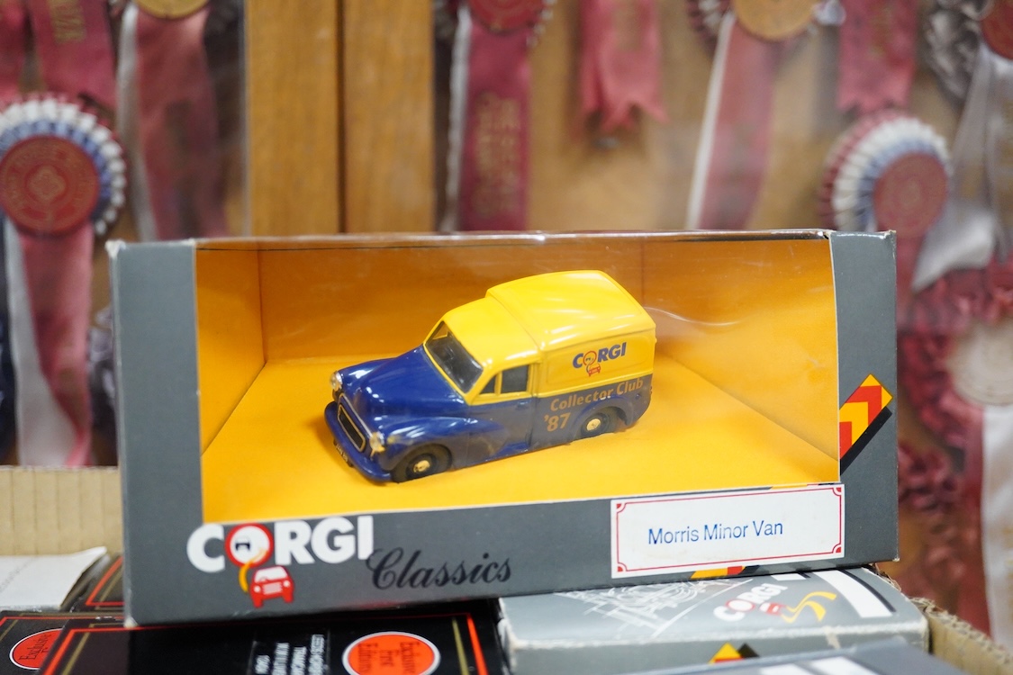 Forty-five boxed diecast trams, buses and other commercial vehicles by Corgi Classic, Corgi OOC, and EFE, operators include Leeds tram, the Tate & Lyle Story set, Blackpool Corporation Transport (seven examples), Thornyc